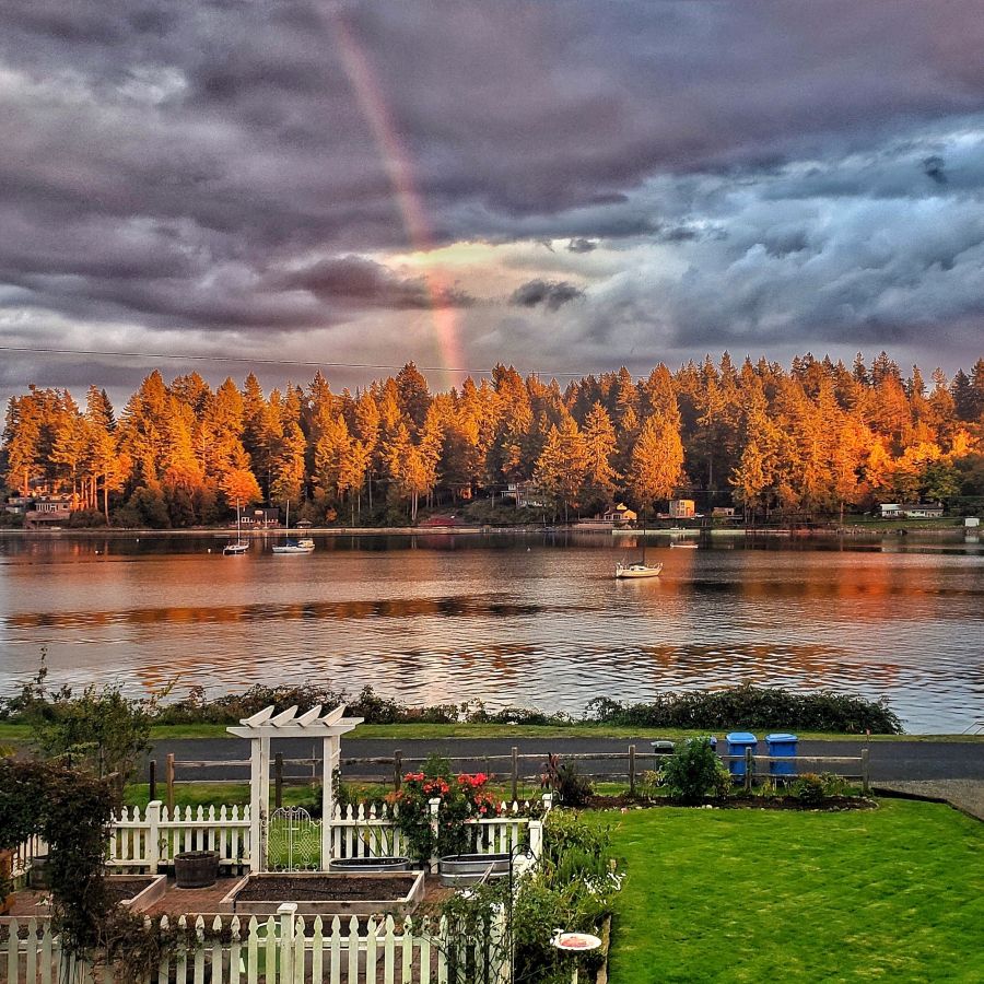 Rainbow above the fall trees and Puget Sound water view at sunset