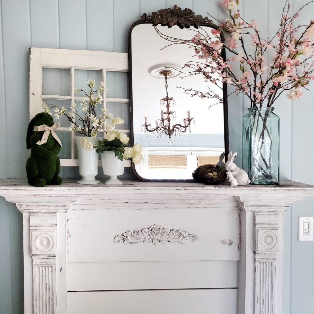 mirror, window, spring home decor and flowers on bedroom mantel