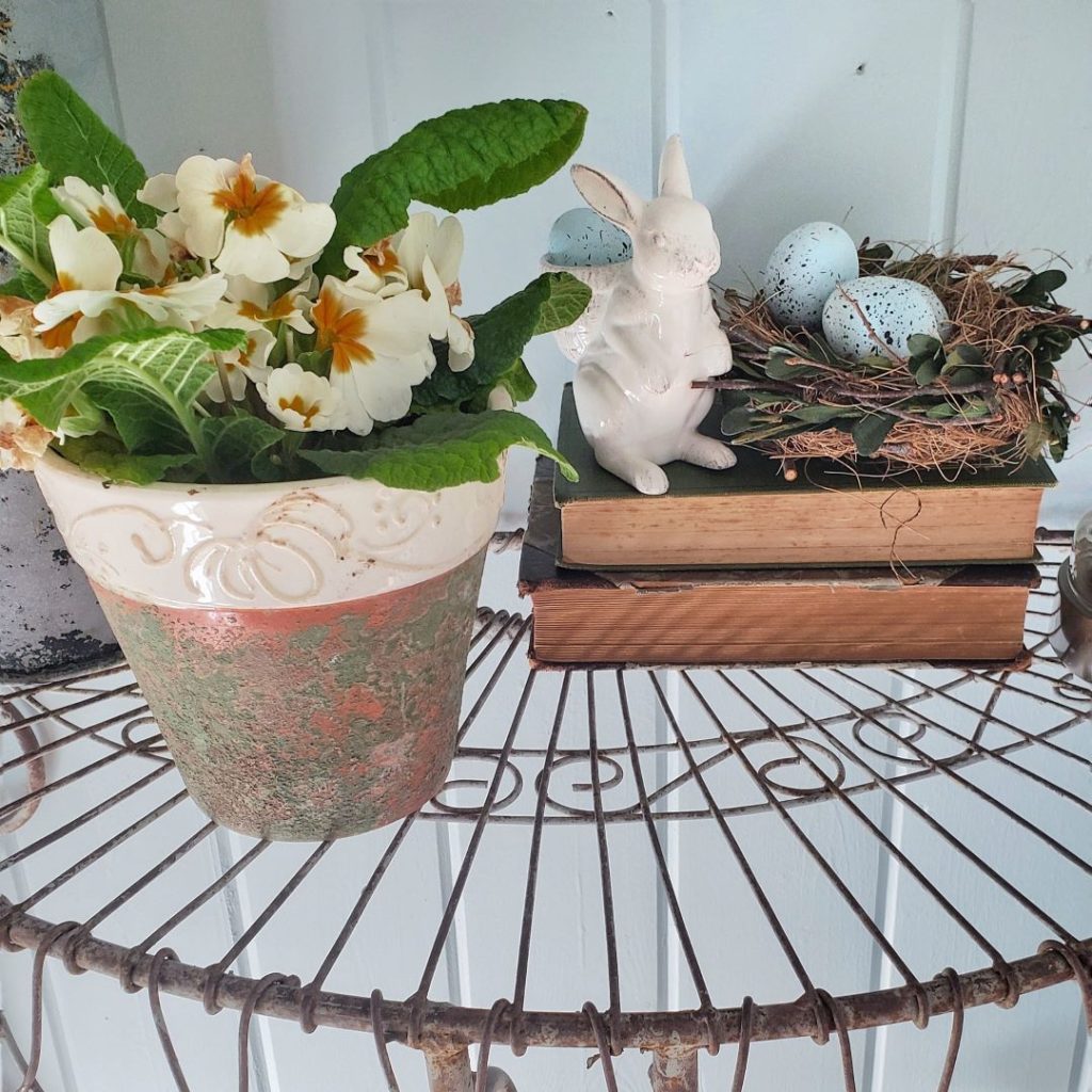 Primroses in a clay pot, and bunny and eggs in nest on table