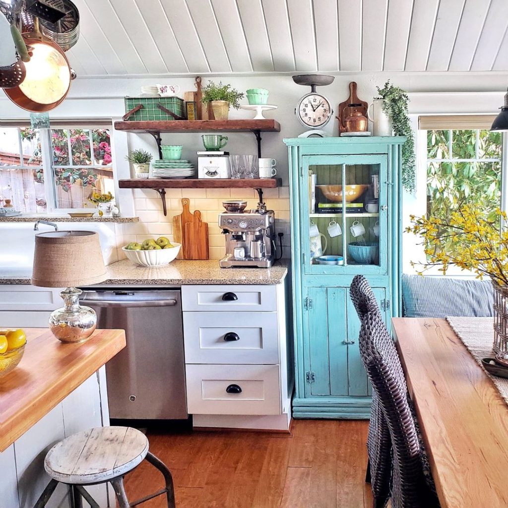 Cottage kitchen with blues and greens, perfect for spring.