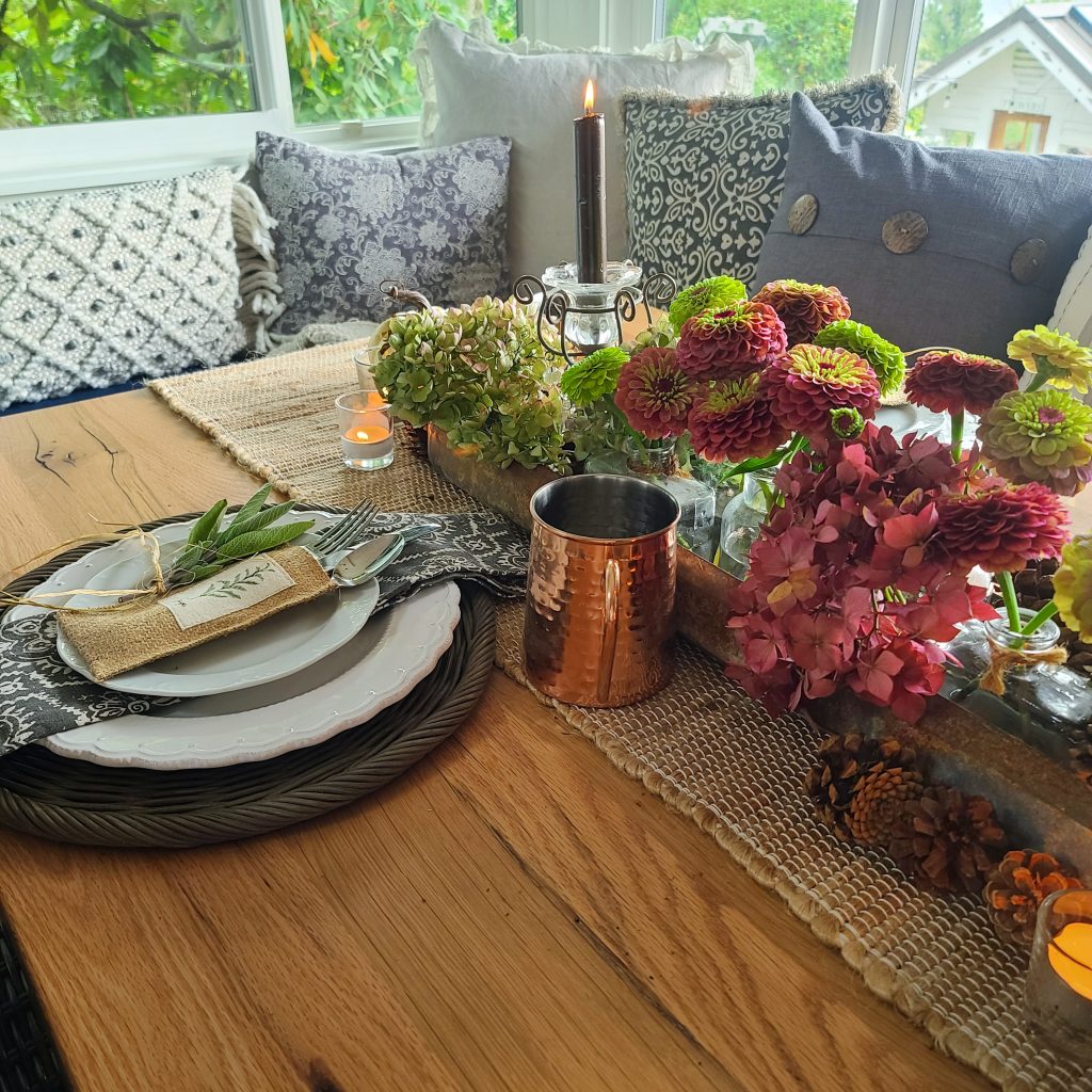 Fall tablescape with herbs and hydrangeas