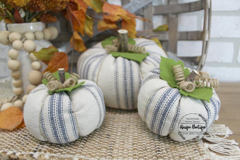 Blue ticking striped fabric pumpkins