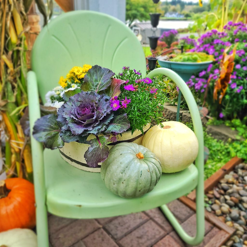 green vintage metal chair with fall flowers and pumpkins