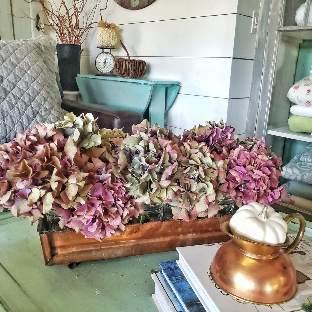 vintage copper container with dried hydrangeas 