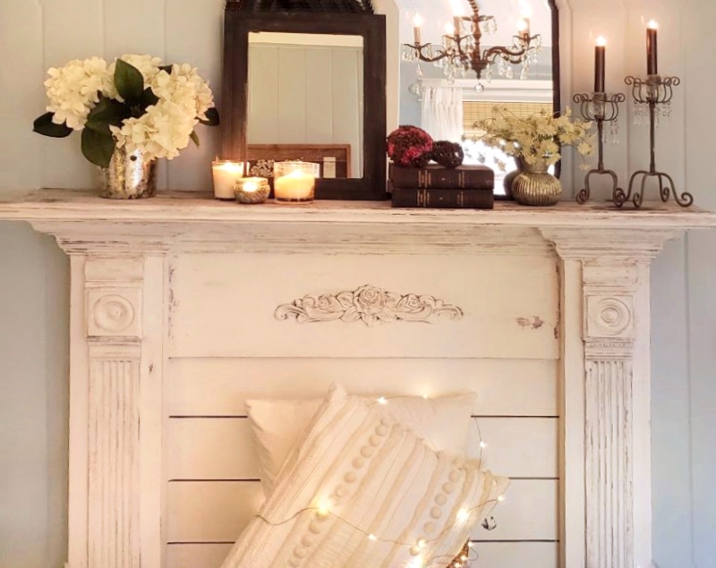 faux fireplace mantle with chippy paint finish