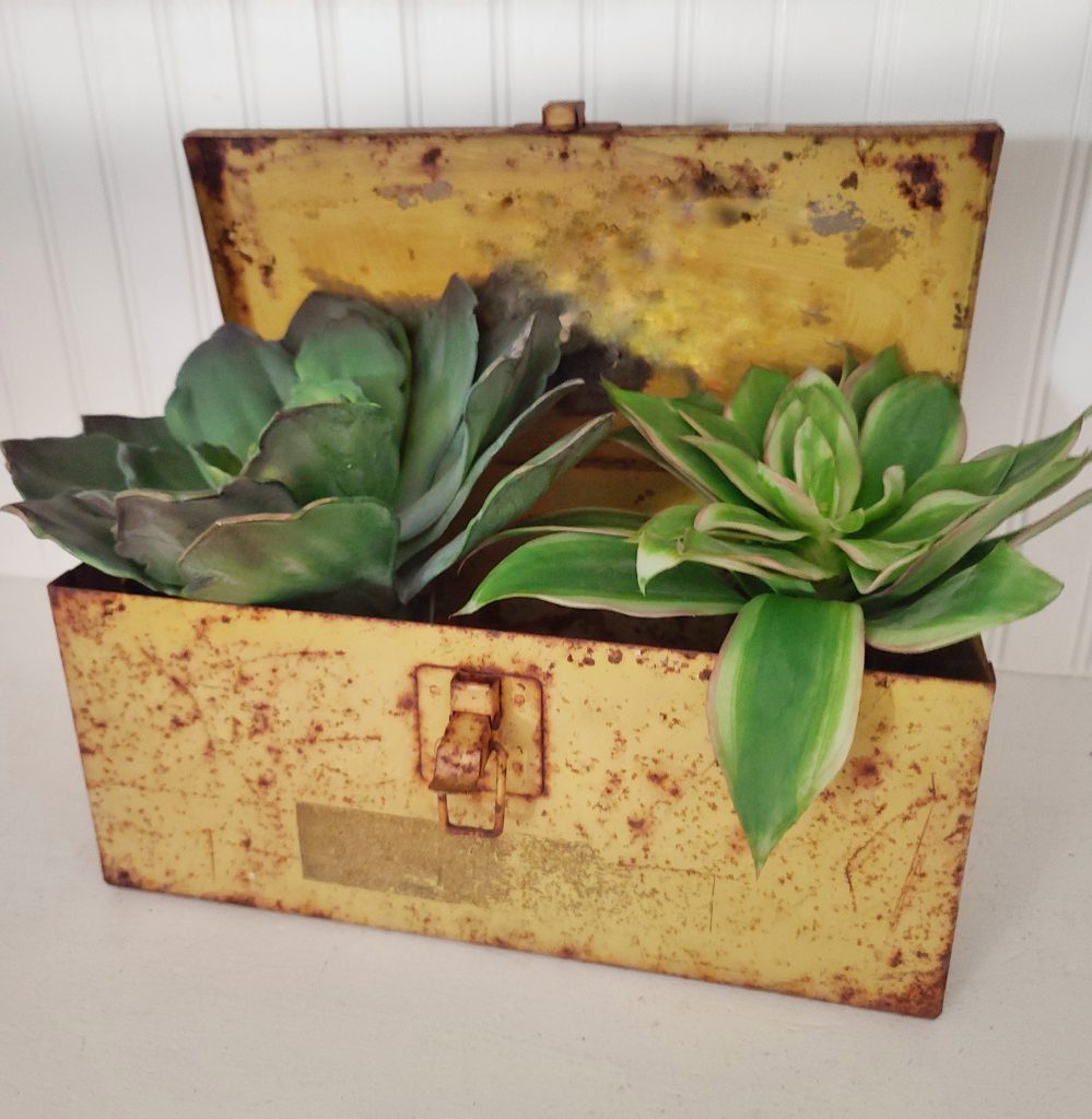 winter flowers and greenery yellow vintage toolbox with faux succulents