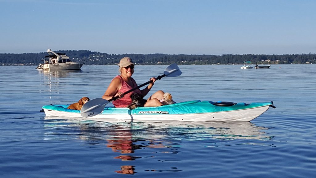 in the kayak with pups