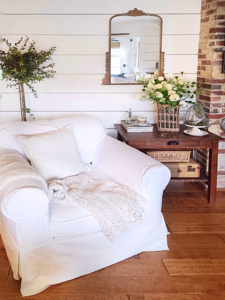 cottage style living room with  simple spring vignette