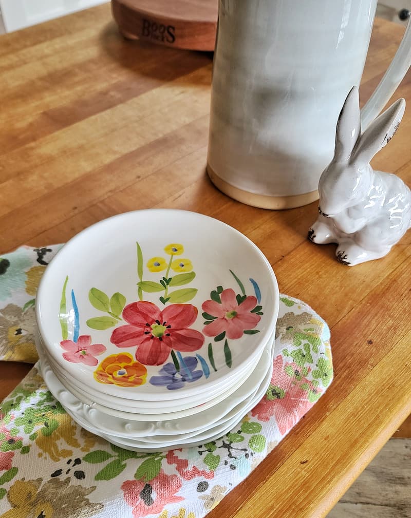 spring flower patterned dishes and bunny