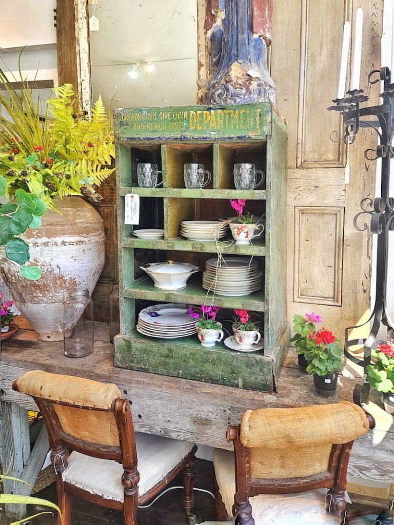 green chippy cubby and other vintage décor