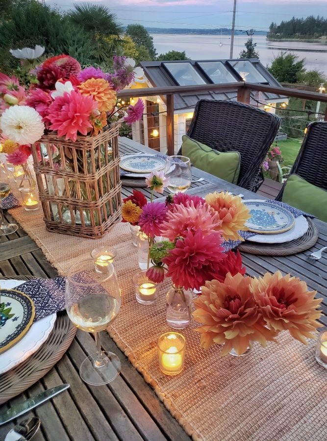 dahlias harvested for a summer tablescape outdoors