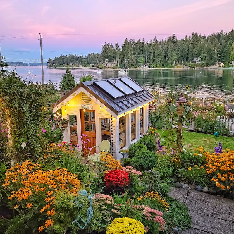 greenhouse overlooking the Puget Sound and flower gardens
