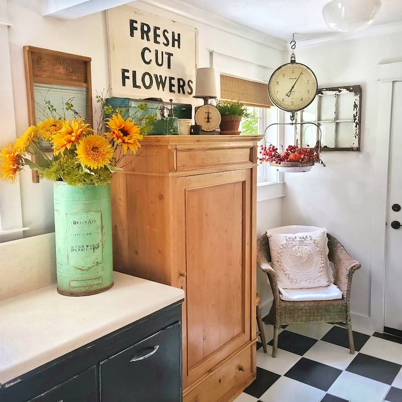 vintage pine cabinet in laundry room