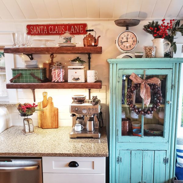 Christmas cottage style kitchen and turquoise cabinet