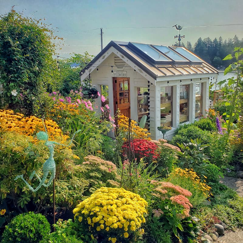 cottage garden and greenhouse