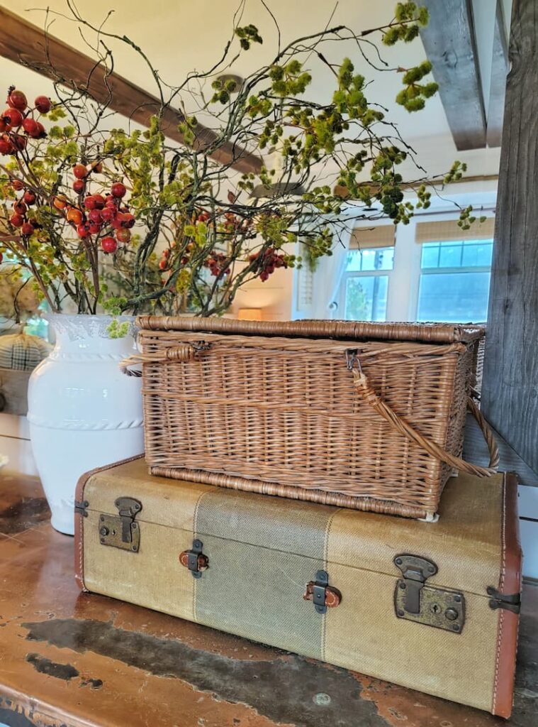Vintage Fall Decor Ideas vintage suitcase and wicker picnic basket