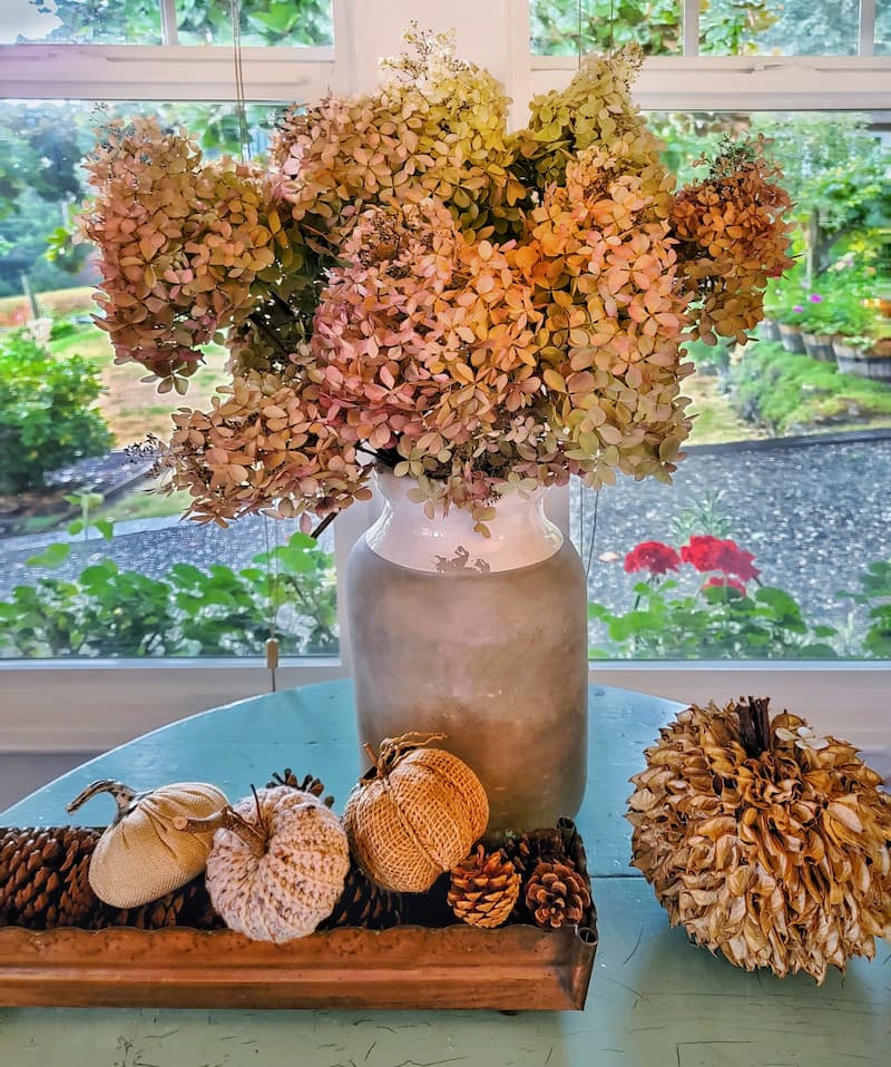 Transition Your Home Decor From Summer To Fall: dried hydrangeas in cement and white ceramic vase
