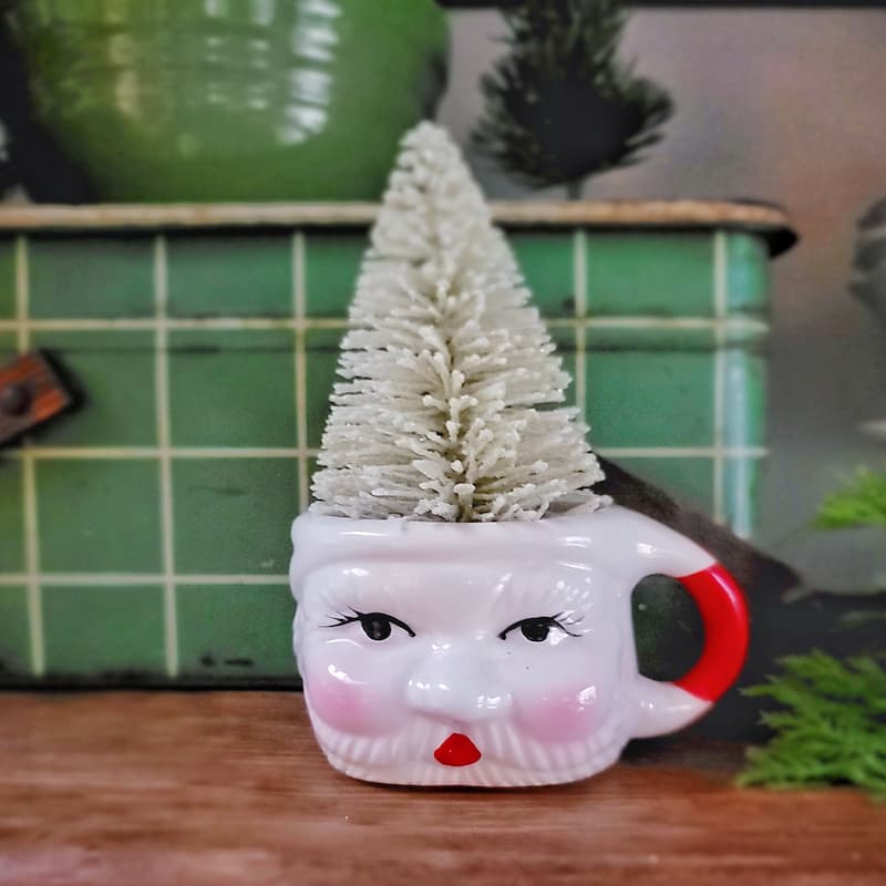 vintage Santa mug  with white bottle brush tree