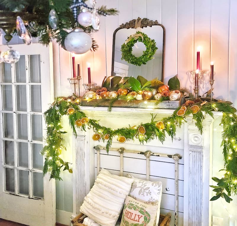 Christmas cottage bedroom mantel decorated