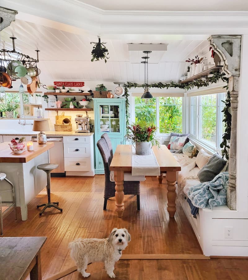 vintage cottage Christmas kitchen and white dog