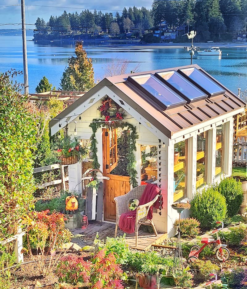 Christmas porch decorating ideas:  greenhouse overlooking the bay