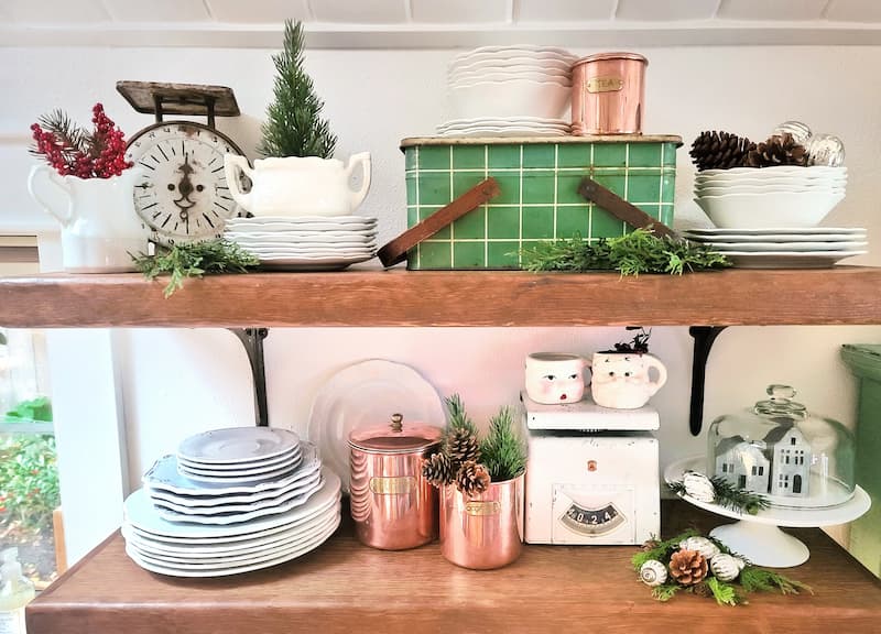 open shelving with Christmas décor