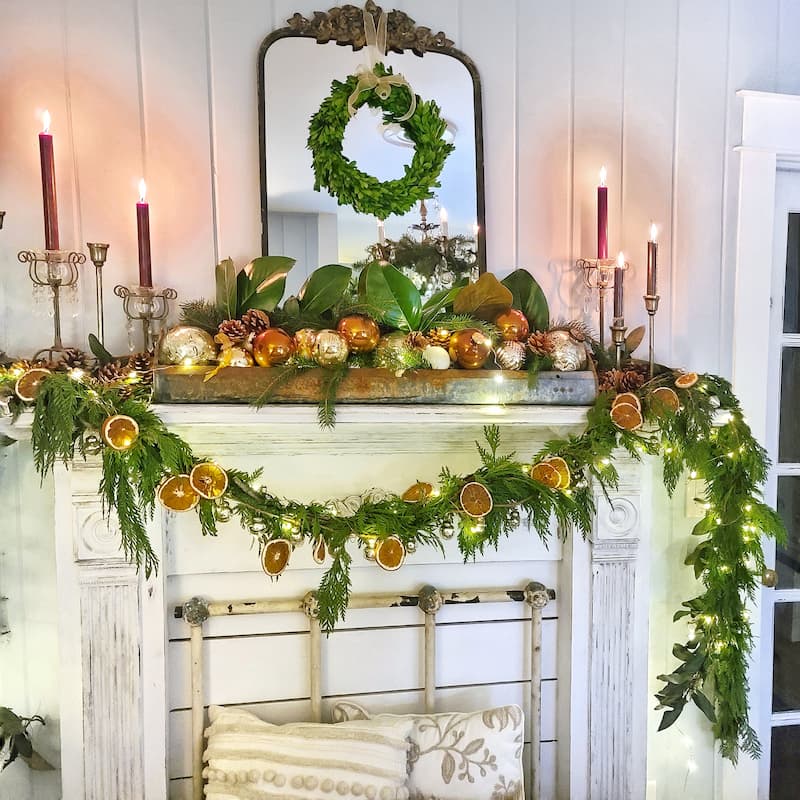 Christmas cottage bedroom mantel decorated 