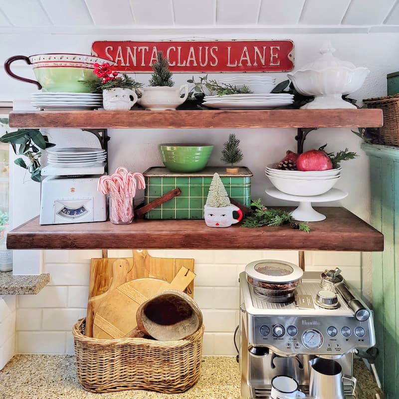 open shelf with cottage Christmas kitchen decor
