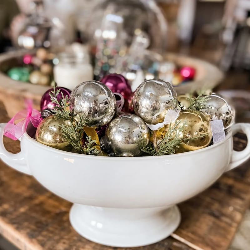 vintage Christmas ornaments in ceramic bowl