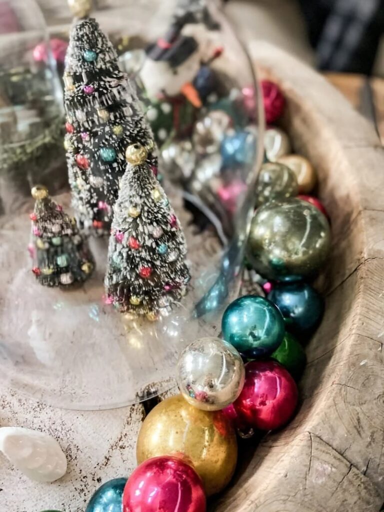 vintage  ornaments in wooden bowl