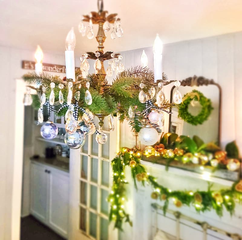 Chandelier decorated for Christmas