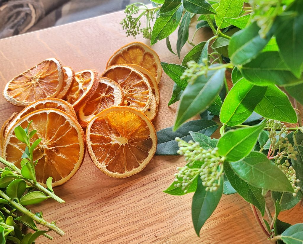 dried oranges and greenery