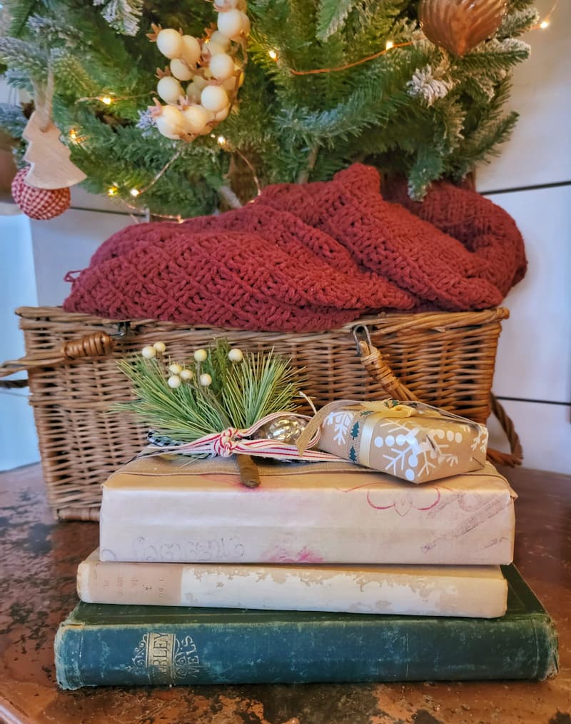 vintage books and wrapped presents