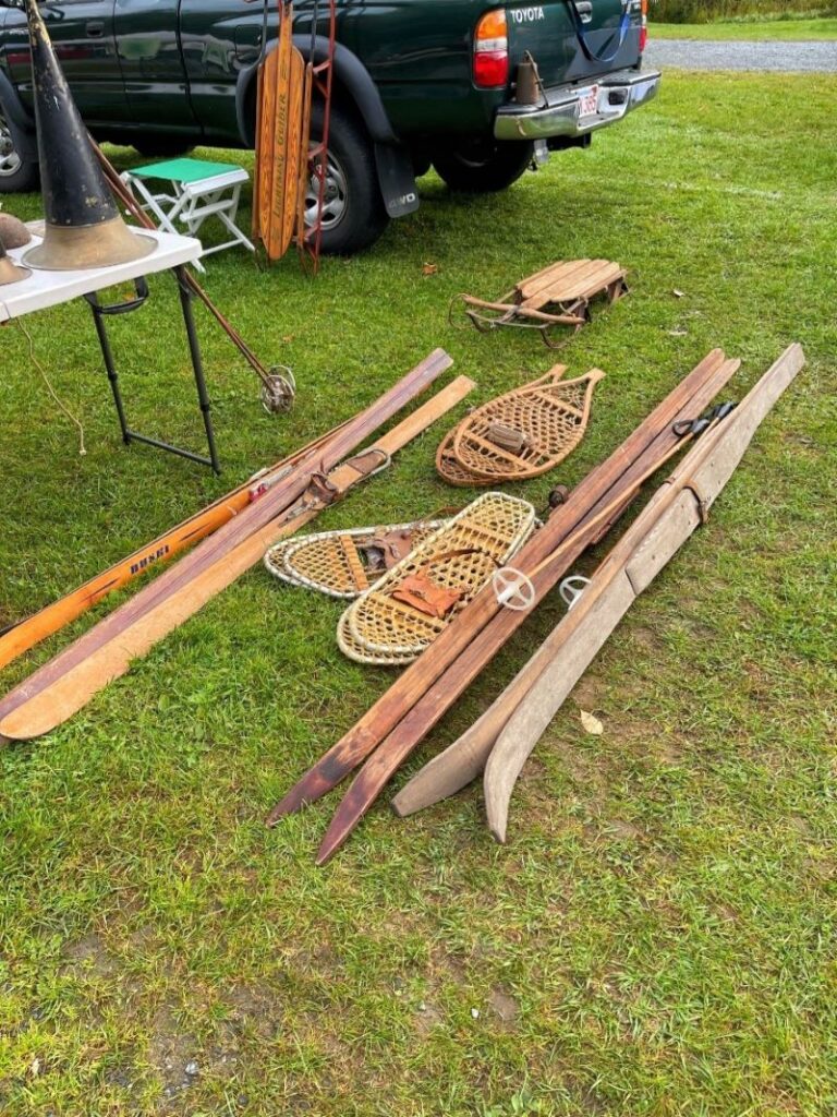 vintage snowshoes and skis at flea market