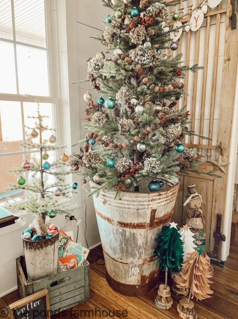 dried hydrangeas and vintage ornaments on Christmas tree