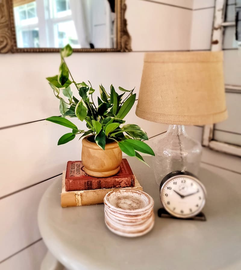  vintage books and clock and plant vignette