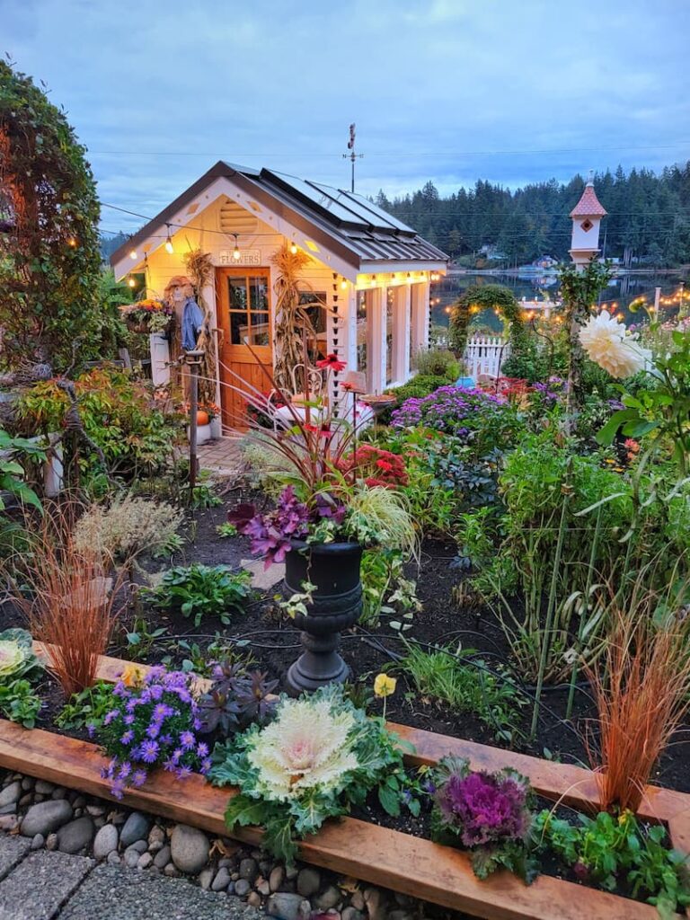 fall cottage garden and greenhouse