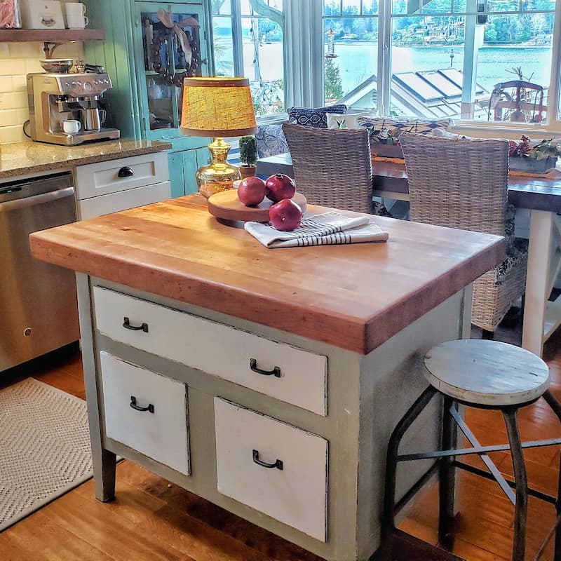 vintage dresser as kitchen island for storage