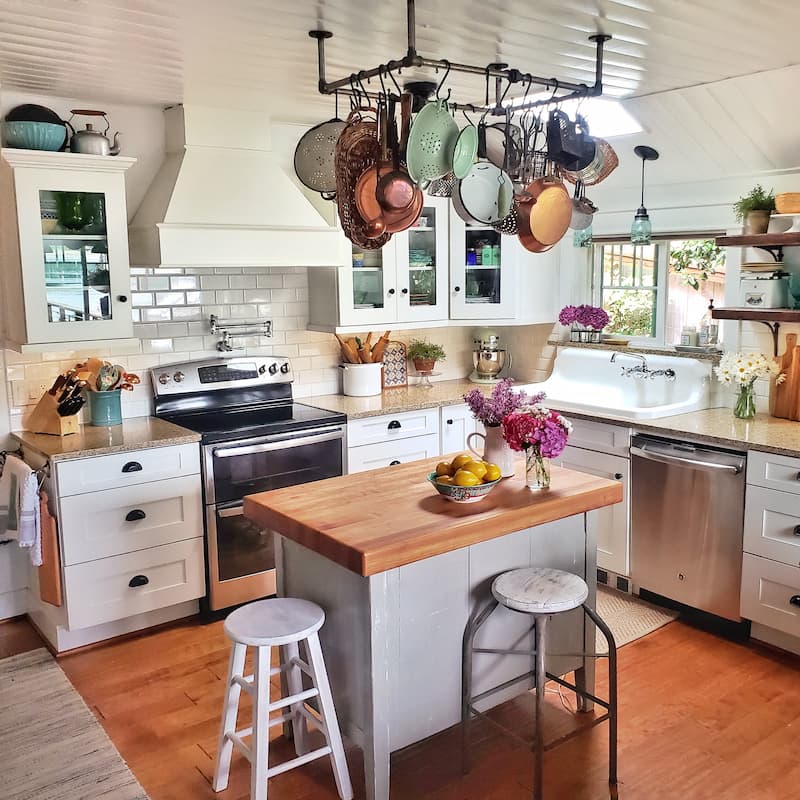 cottage style kitchen with vintage island for storage
