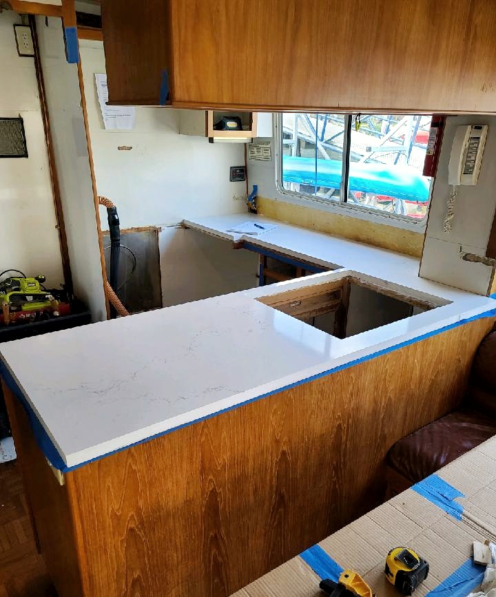 quartz counters in the boat galley