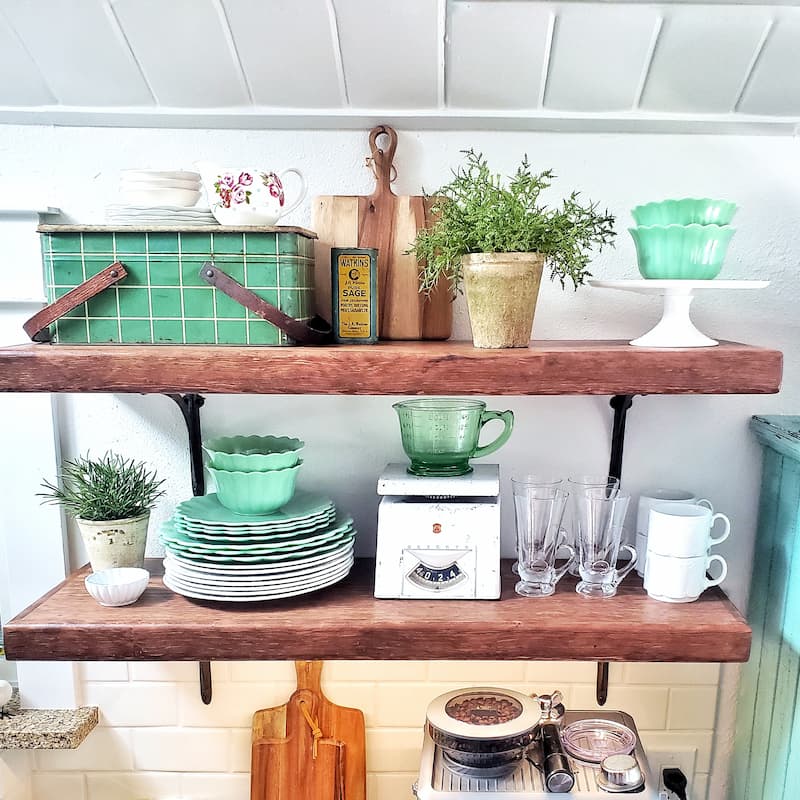 open shelving with vintage itmes