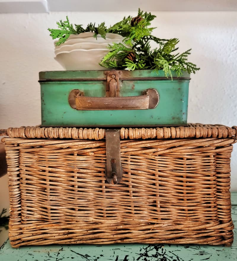 wicker basket and green tin