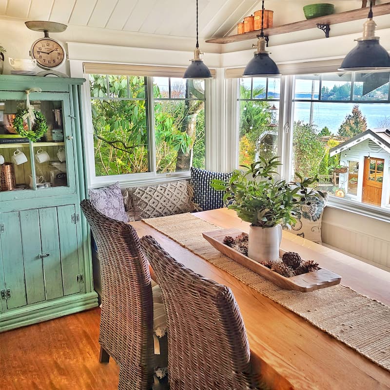 water view in cottage kitchen eating area