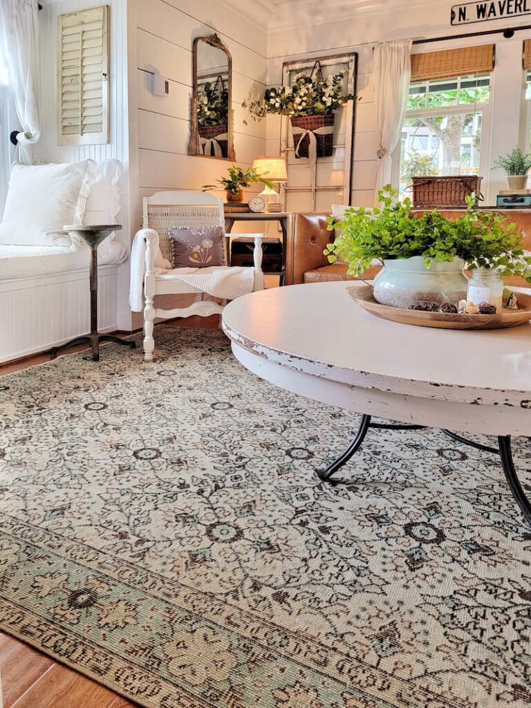 patterned vintage rug in living room