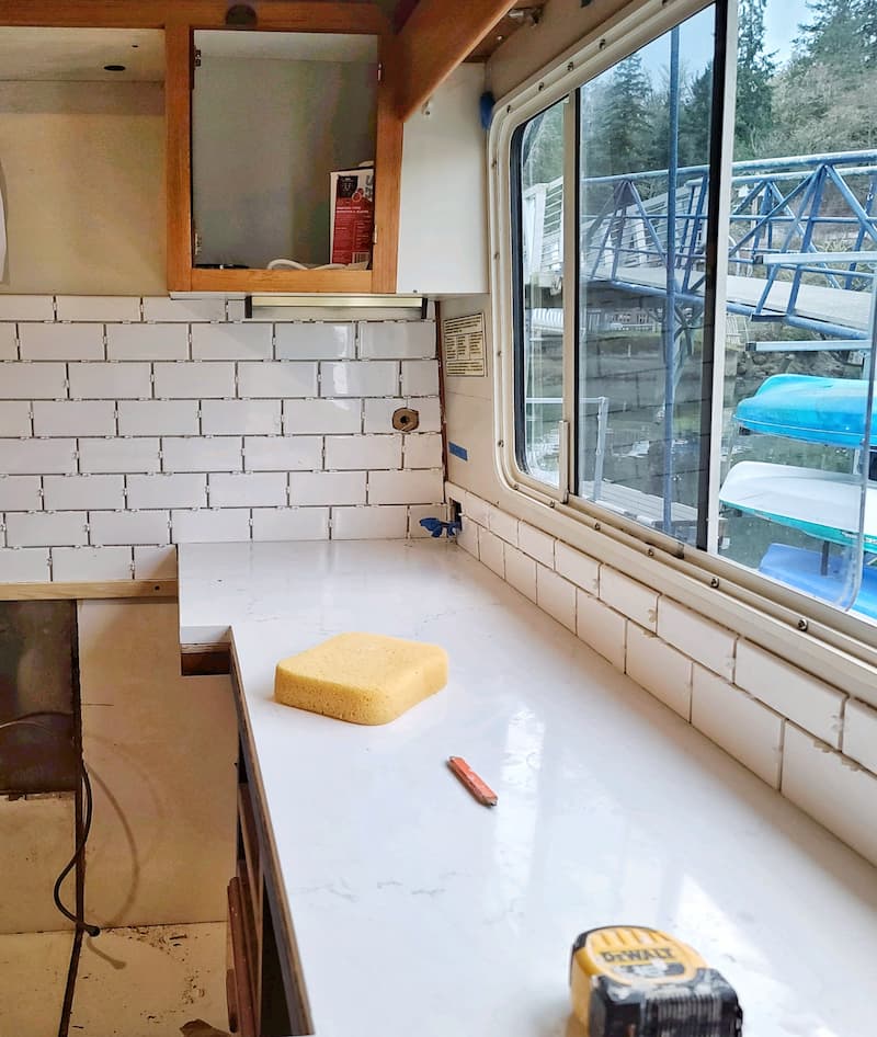 white subway tile in a boat galley