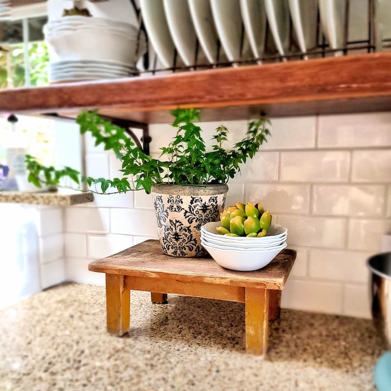 plant and bowls on vintage step stool