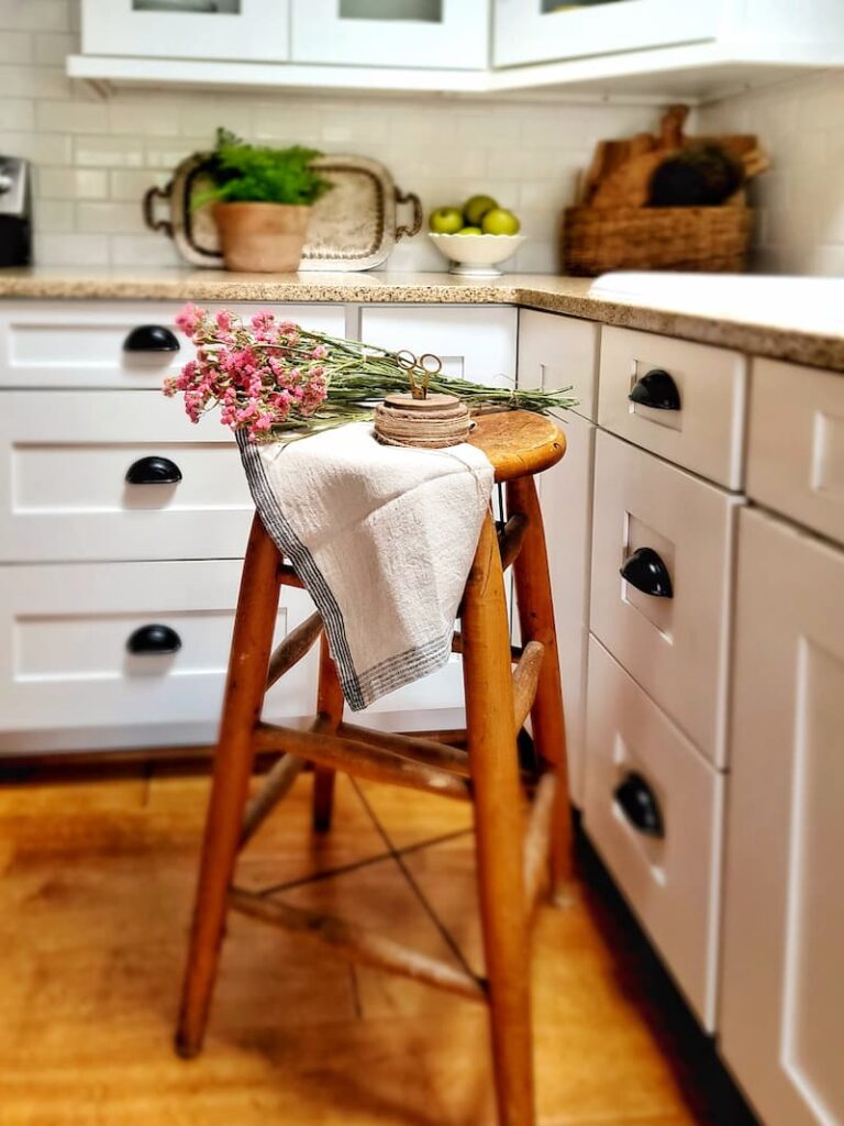 wooden vintage stool in kitchen