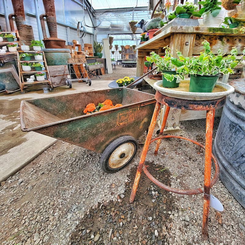 vintage garden cart and stool
