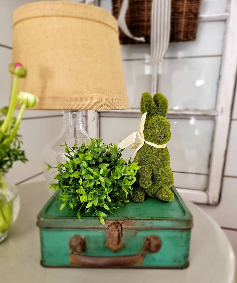 moss bunny and green vintage box with greenery