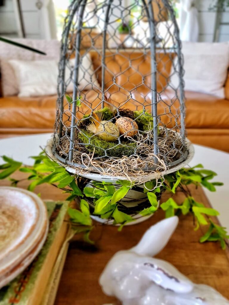 wire cloche with nest of eggs adn greenery